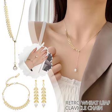 3Pcs Luxury Wheat Pearl Necklace Earrings Bracelet Set Steel Jewelry For Women