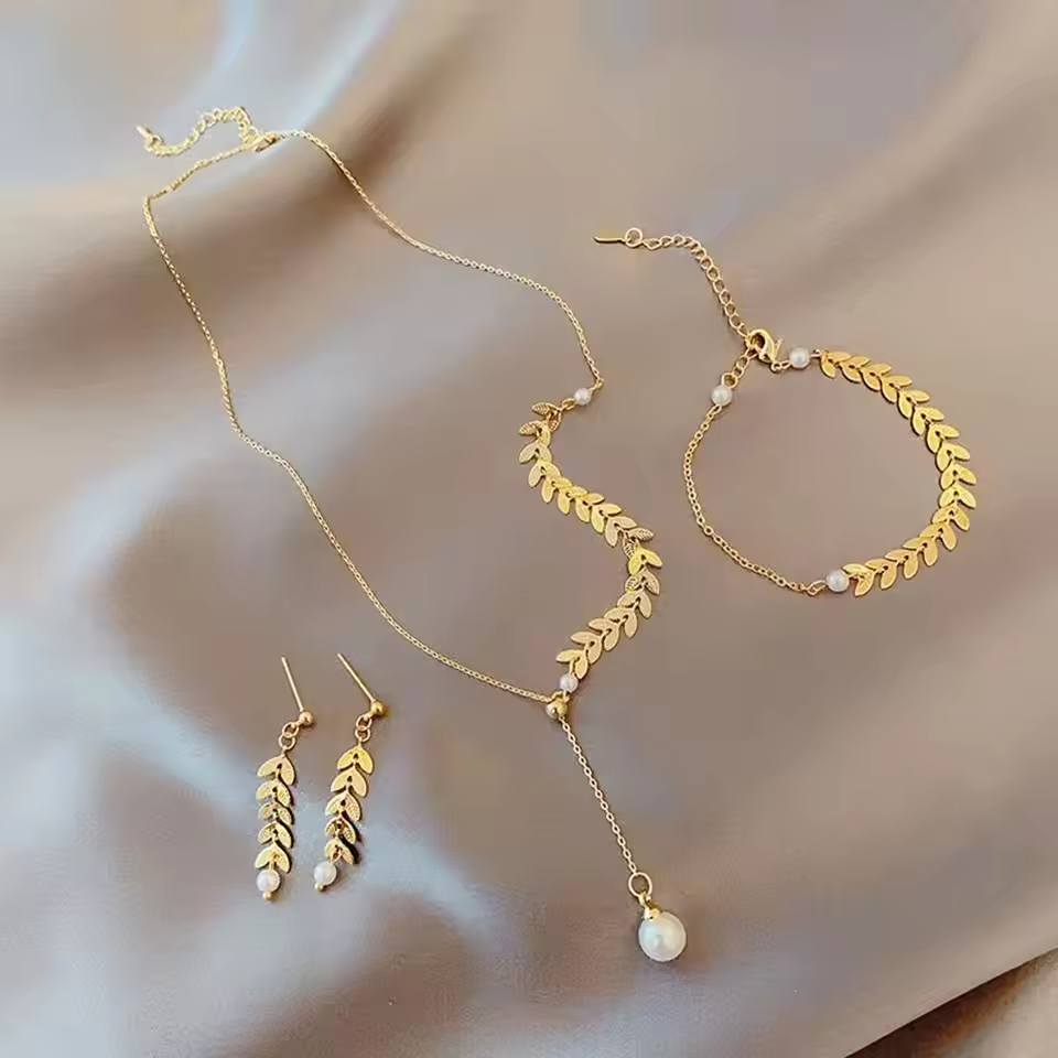 3Pcs Luxury Wheat Pearl Necklace Earrings Bracelet Set Steel Jewelry For Women