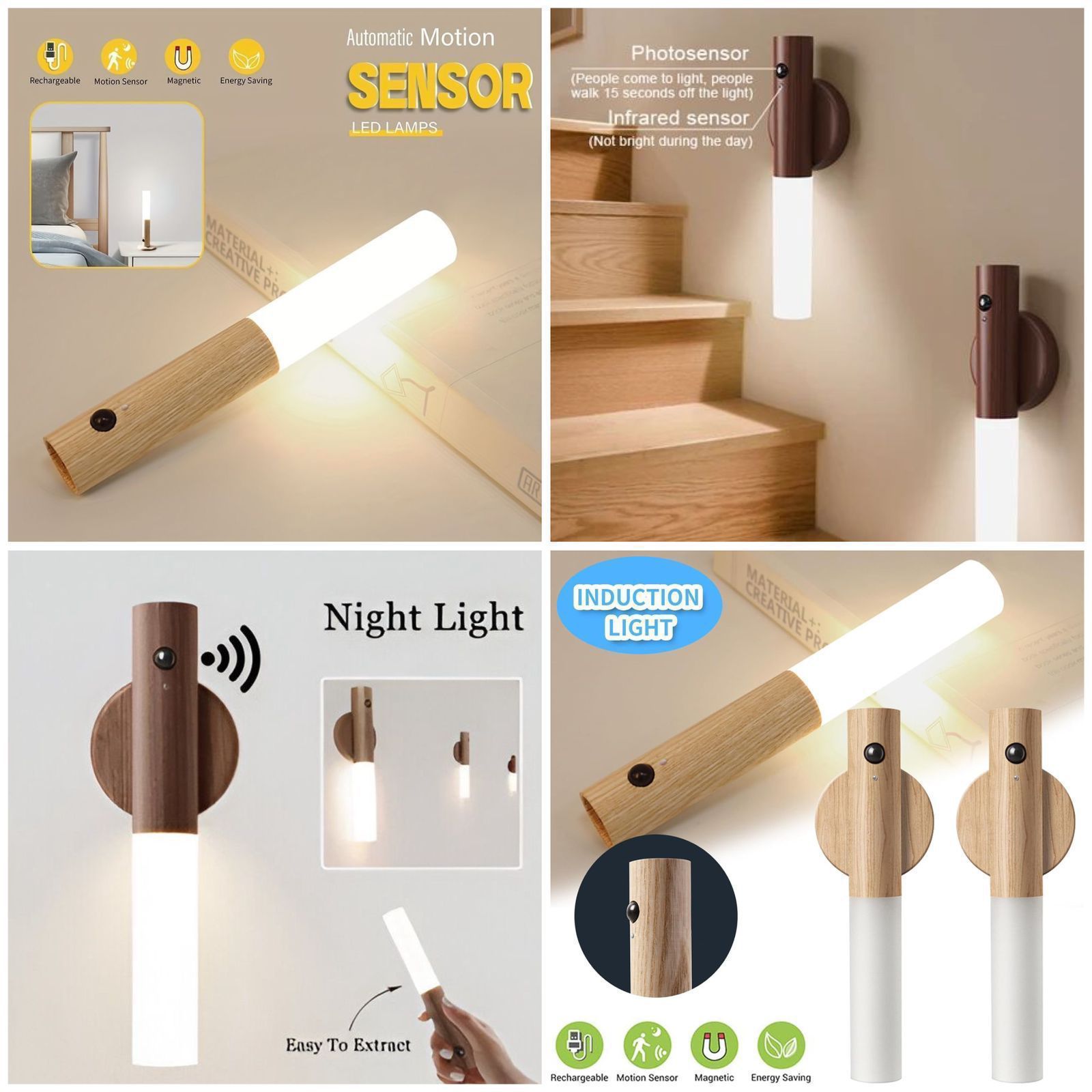 AI Intelligent 2in1  Motion Induction Wooden Shade Self Adhesive TubeLight